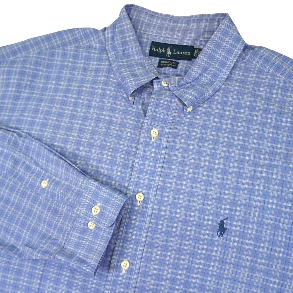 Ralph Lauren Button Down Mens 17.5 32/33 Blue Plaid Yarmouth Sleeve Shirt Pony